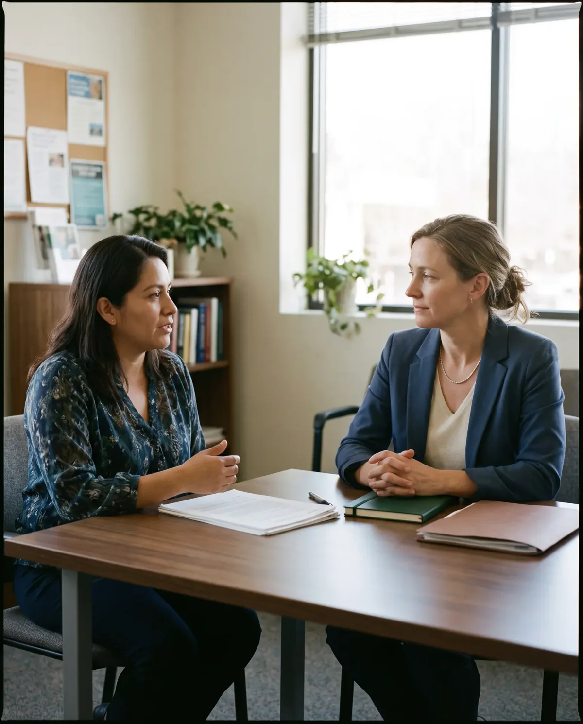 An immigration attorney listens to a client during a consultation at her office.