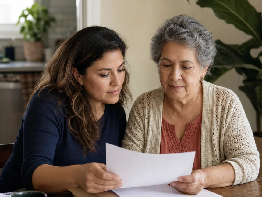 A woman helping an older family member organize documents at home.