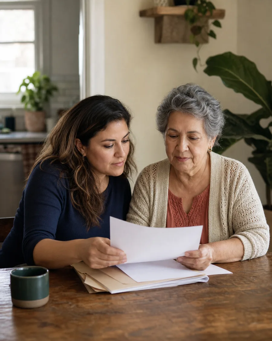 A woman helping an older family member organize documents at home.